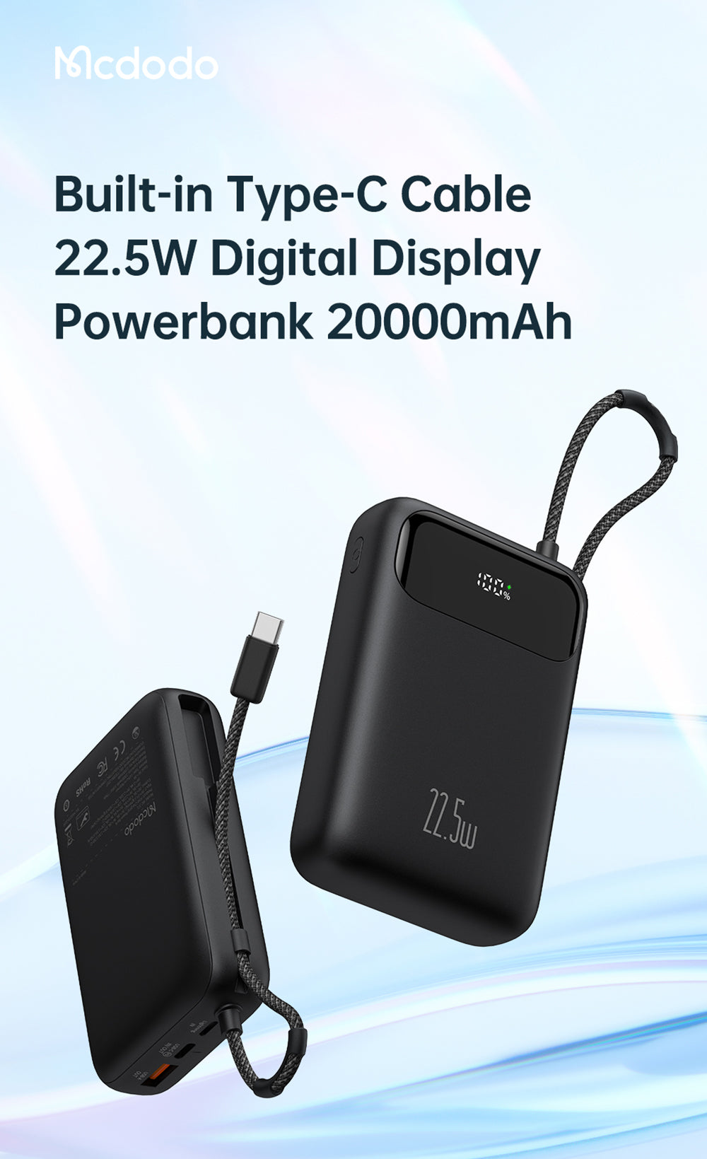 Mcdodo MC-3710 22.5W Digital Display 20000mAh 1C+1A Power Bank Built-in Cable（For Lightning)