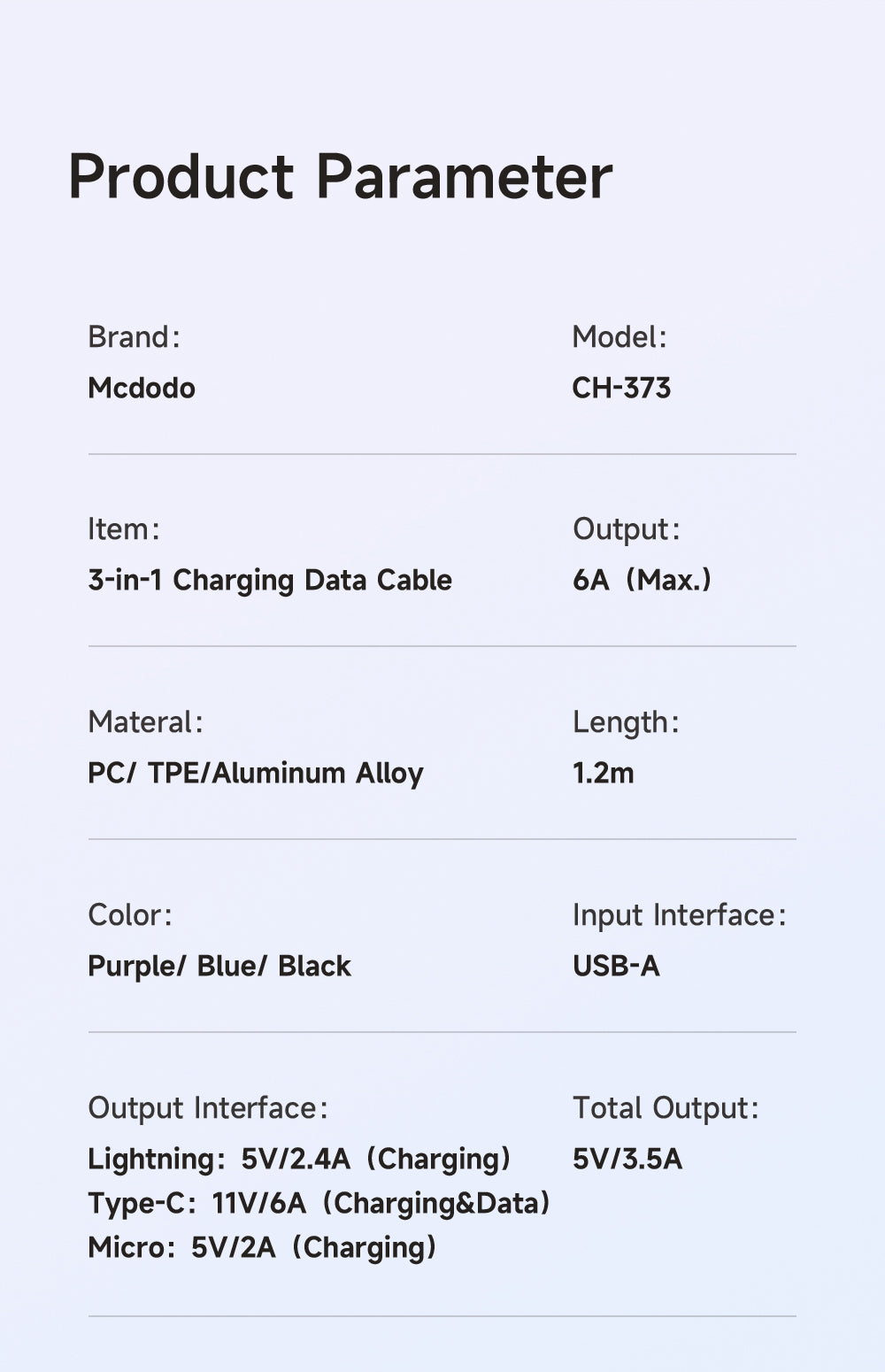 Mcdodo CA-373 3 in 1 66W USB-A to Lightning+Micro+Type-C Super Fast Charging Data Cable 1.2m