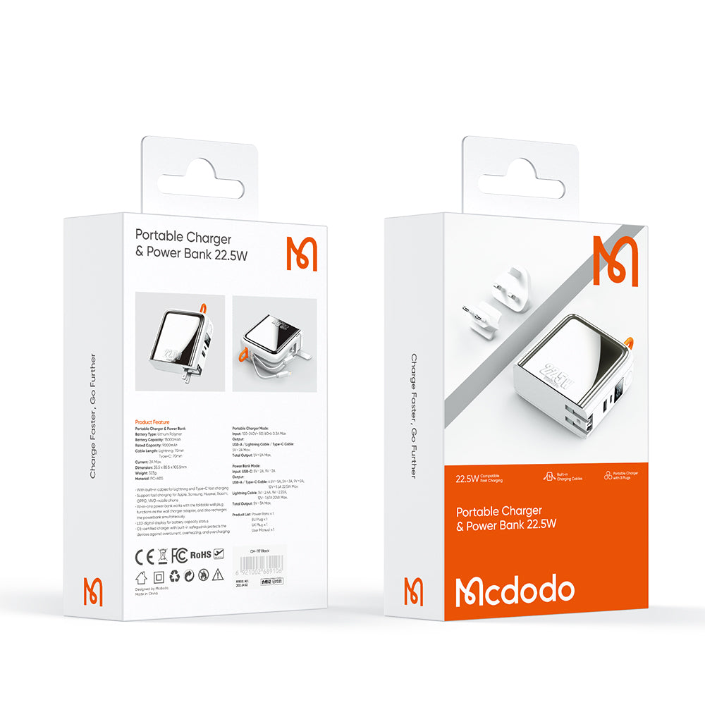 Mcdodo CH-117 22.5W QC 15000mAh Powerbank & Universal Charger with Built-in Cable
