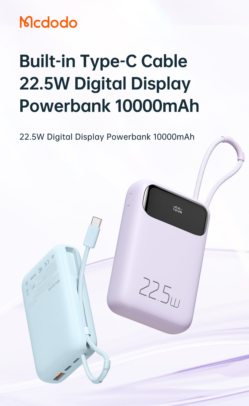 Mcdodo MC-324 22.5W Digital Display 10000mAh 1C+1A Power Bank Built-in Cable（For Type-c)