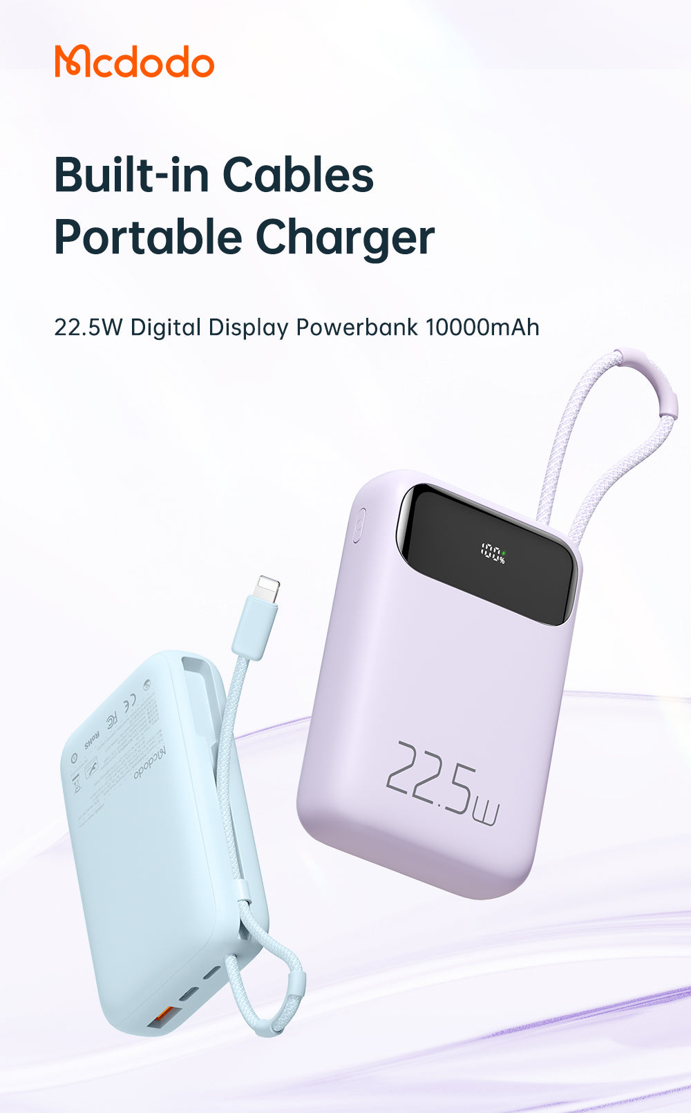 Mcdodo MC-3253 22.5W Digital Display 10000mAh 1C+1A Power Bank Built-in Cable（For Lightning)