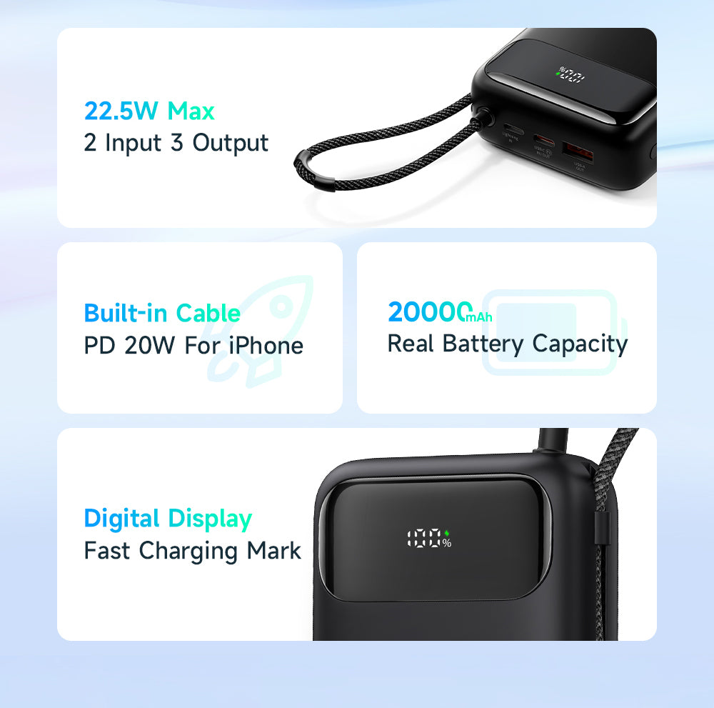 Mcdodo MC-3720 22.5W Digital Display 20000mAh 1C+1A Power Bank Built-in Cable（For Type-c）