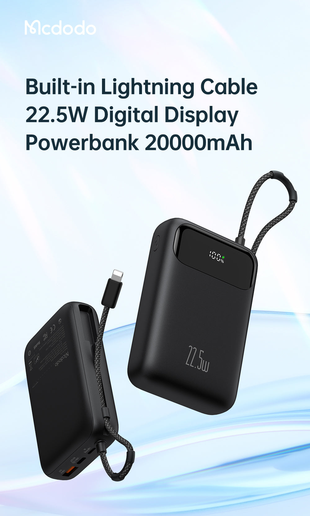 Mcdodo MC-3720 22.5W Digital Display 20000mAh 1C+1A Power Bank Built-in Cable（For Type-c）
