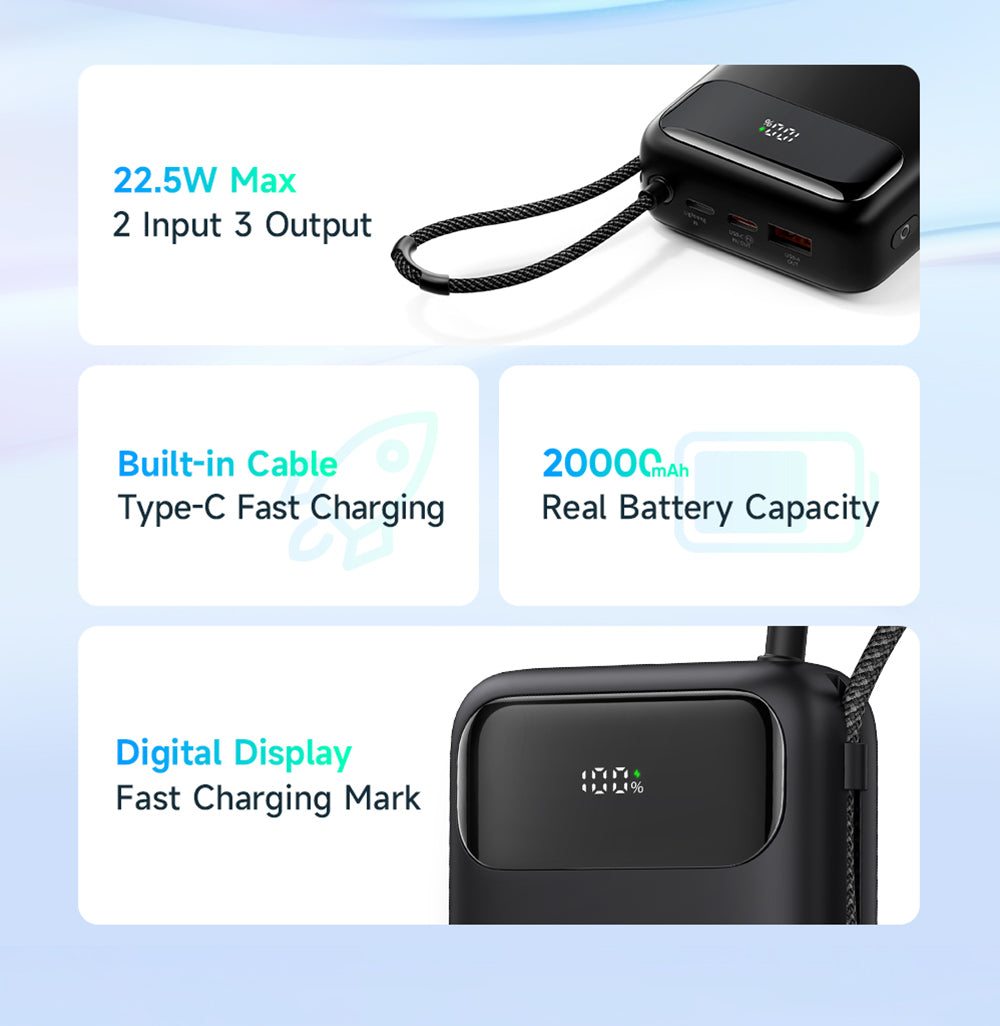Mcdodo MC-3710 22.5W Digital Display 20000mAh 1C+1A Power Bank Built-in Cable（For Lightning)