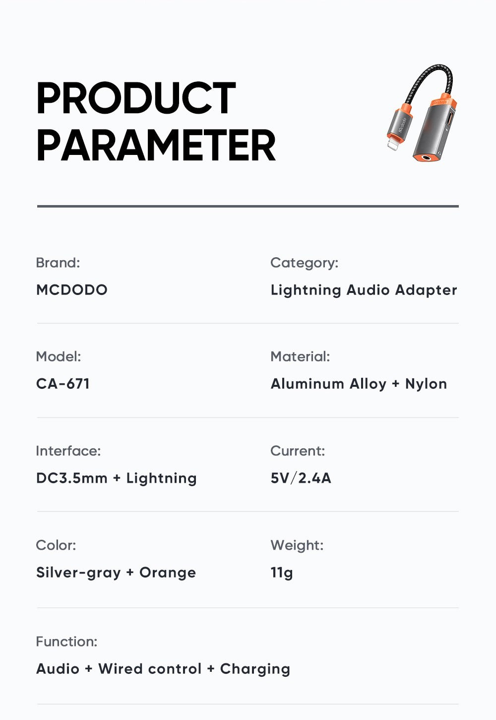 Mcdodo CA-6710 Lightning to Lightning and 3.5mm AUX Port Converter